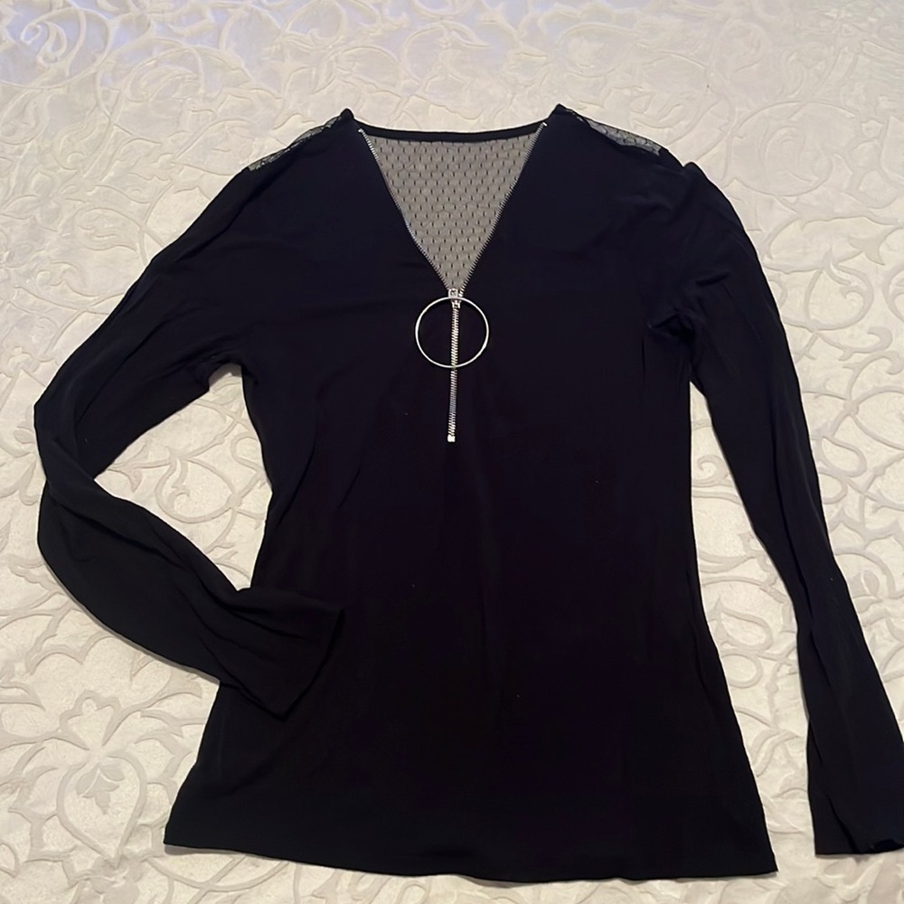 Unique black long sleeve sheet with zipper. Sheer upper back. Subtle sexy